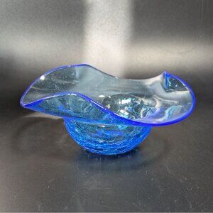 Handcrafted Blue Crackle Art Glass Bowl With Flared Rim Decoration